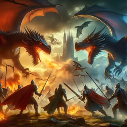 epic fantasy battle between dragons and knights in a medieval setting