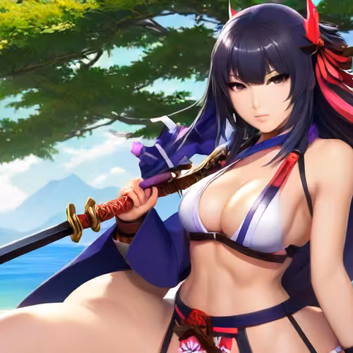 Hard katana on bikini beach