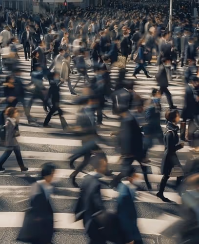A bustling city square in the morning