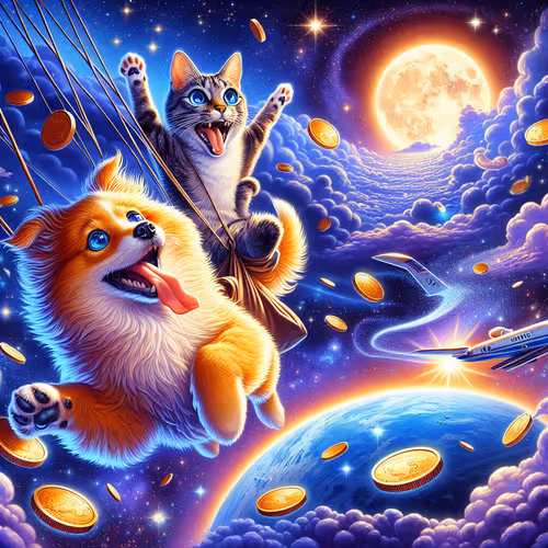 euphoric upside down dog and cat going to space with coins