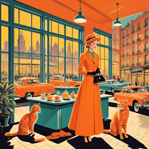 Vintage girl with orange cats