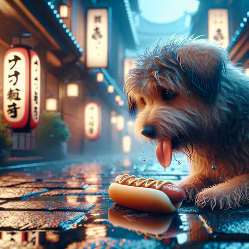 a Dog eating hotdog at raining street in Tokyo