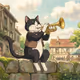 tuxedo cat playing the trumpet in ghibli style