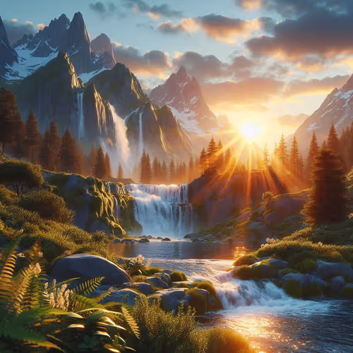 Sunset behind a mountain stream