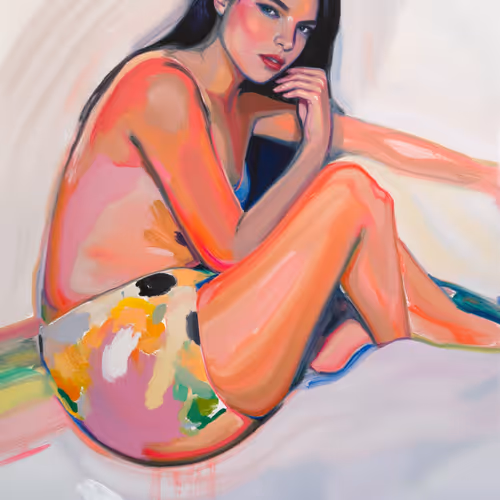 Curvy girl sitting on a bed, soft lighting, dreamy paint style"