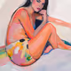 Curvy girl sitting on a bed, soft lighting, dreamy paint style"