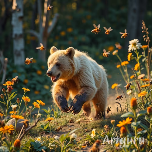 Bear runs away from bees