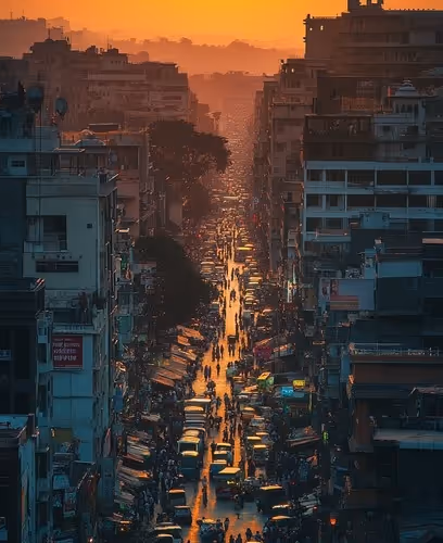 A golden sunset over a crowded road