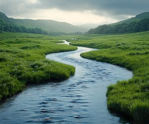 A calm river winding through the valley