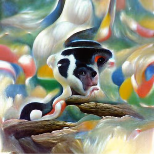 A multi-colored  spotted monkey with a cap