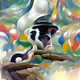 A multi-colored  spotted monkey with a cap