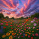 A paradise of flowers with a magical sky