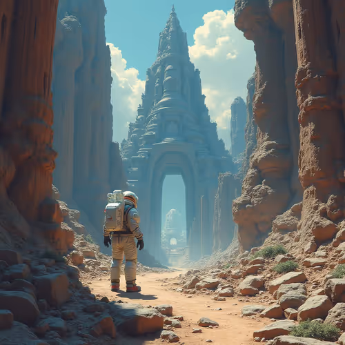 An Astronaut Exploring Ancient Ruins