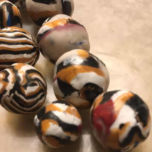 Balius Necklace Eighteen Gold White Brown and Black Striped Polymer Cubes