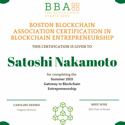 Boston Blockchain Association Certification in Blockchain Entrepreneurship