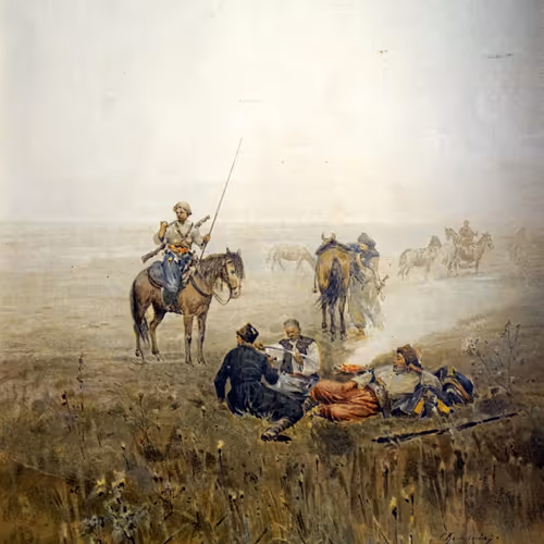 Early morning at the Zaporozhtzi.Watercolour.S. I. Vasilevsky.1891.