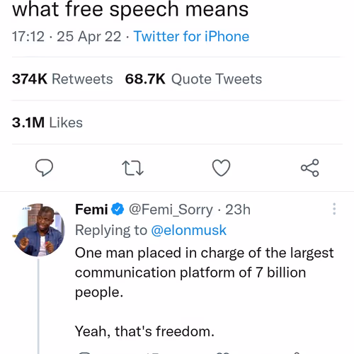 Elon musk on freedom of speech tweet. - old