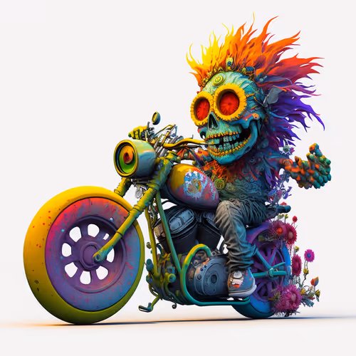 Futuristic sunflower boy in a motorcycle