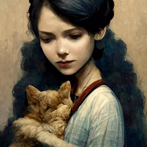 Girl with her Cat - old - old