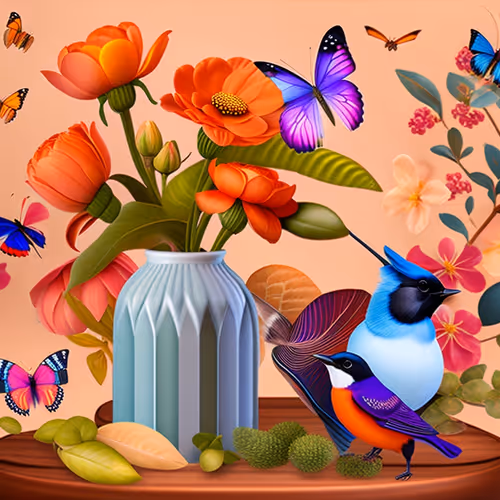 Nature's Effervescent Dances: Flowers, Butterflies and Birds in Harmonious Journey