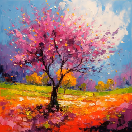 Impressionist tree in vivid field.