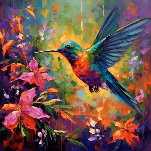 Mystical Hummingbird: Abstract Flight over Water.