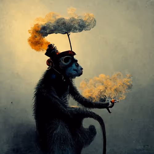 A Monkey Smoking Cigarette and he has halicopter on his head