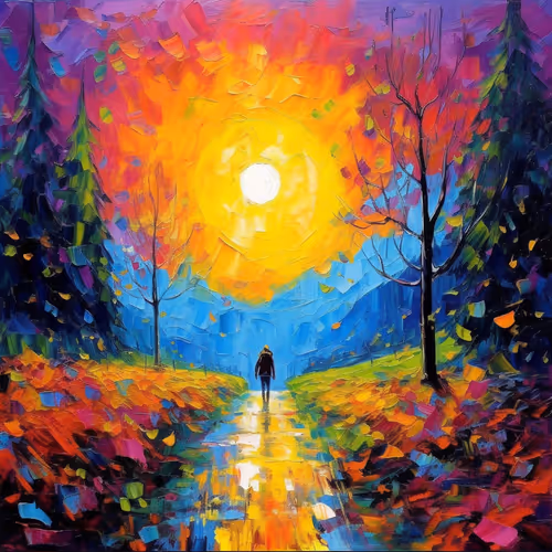 Vibrant painting of a mystical walkway
