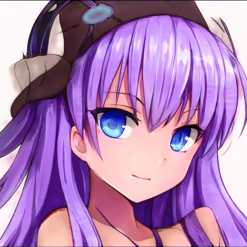 Purple girl looks at you with blue eyes