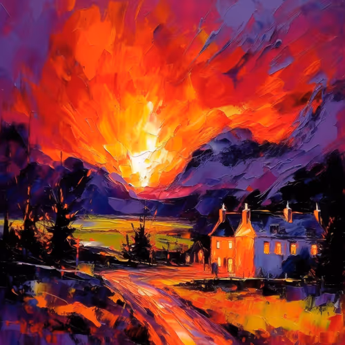 Vibrant Country Sunset: Fauvist Masterpiece.
