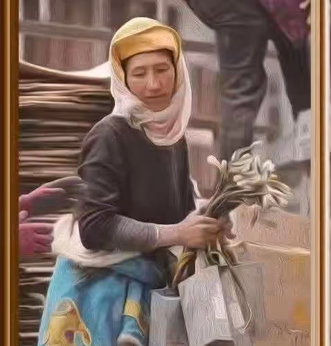 Tibetan woman and the Bitcoin mining machine in her hand - old