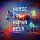 A hurt horse, the dog is a friend. The human drinks beer and waits.