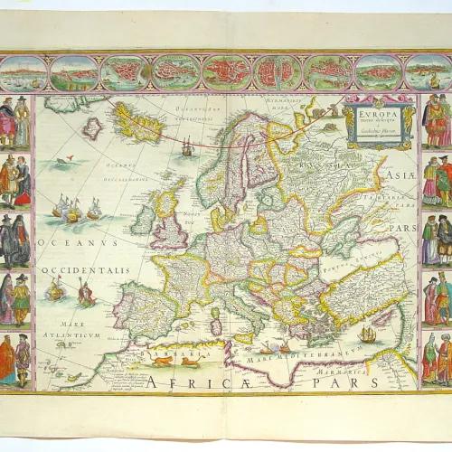 17th-century Blaeu map of Europe with city views and figures