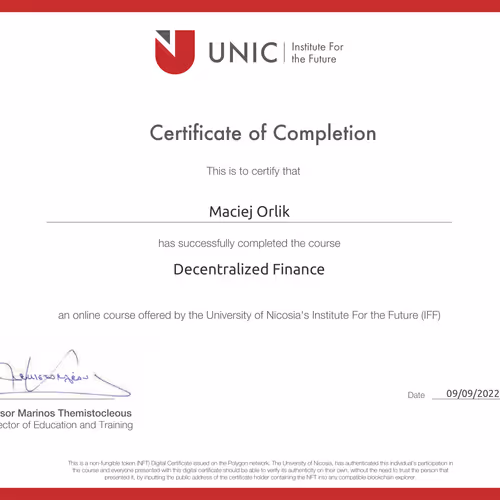 University of Nicosia, BLOC529: Decentralized Finance, Certificate of Completion