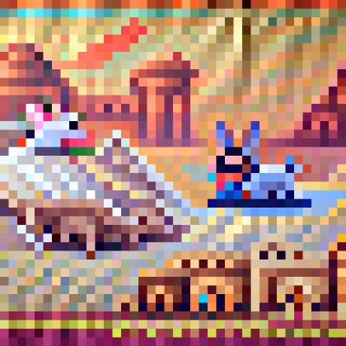 #885 The rabbits are riding a flying carpet over the pyramids
