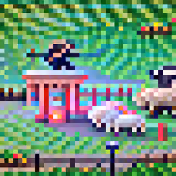 #767 The sheep are doing karate in a townsquare