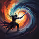 a dynamic scene with a warrior in the middle of a whirlwind of colors