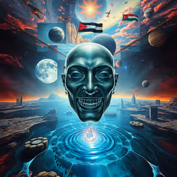 Cosmic Sentinel's Gaze – Capturing the watchful, alien mask overseeing the blended worlds.