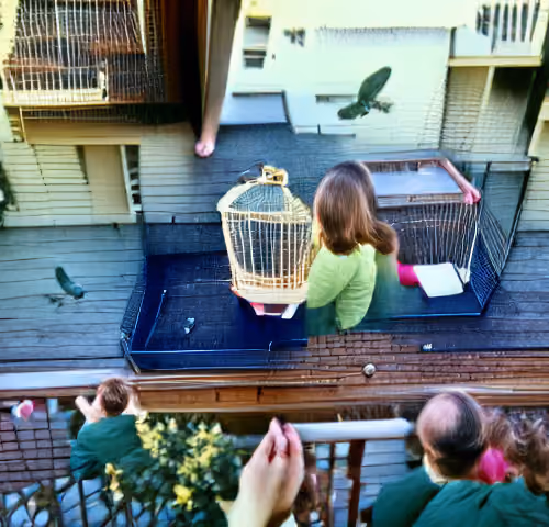 Watching my sister release two birds from a small cage on the back balcony of our childhood home.
