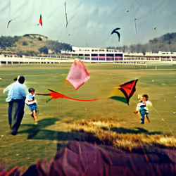 Chasing a runaway kite as a child in an open racecourse with my father.