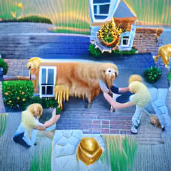 Petting Lucky the golden retriever on the rock in front of my house waiting for the school bus with neighbours.
