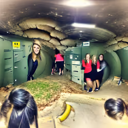 Running into a bomb shelter.