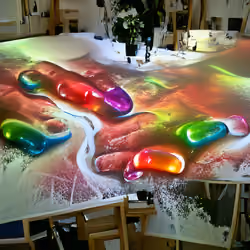 Using multi colours, pouring them onto a large white canvas, feeling the paint run through my fingers.