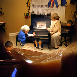 A boy sitting at a piano playing a song with his grandmother.