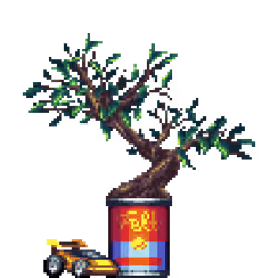 Ficus Bonsai in Carrot Soup Can pot with Toy Car