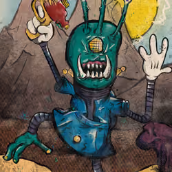 Three eyed green alien in turmoil