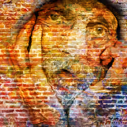 Graffiti of a man with a thinking expressional face on a colorful wall