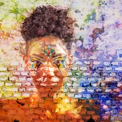 Woman on an old colorful wall in graffiti