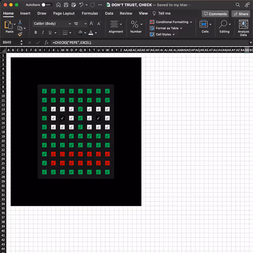 =CHECK(PEPE, EXCEL)