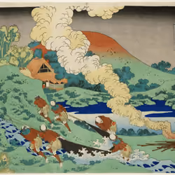 "Poem by Kakinomoto no Hitomaro, fishermen hauling net, scholar at window of distant house from the series One Hundred Poems by One Hundred Poets, Explained by the Nurse"